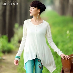新款 女款 拼接 不規(guī)則擺 長(zhǎng)袖針織衫開(kāi)衫 杏雨 白色