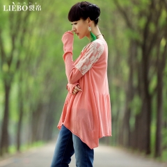 新款 女款 拼接 不規(guī)則擺 長(zhǎng)袖針織衫開(kāi)衫 杏雨 粉色